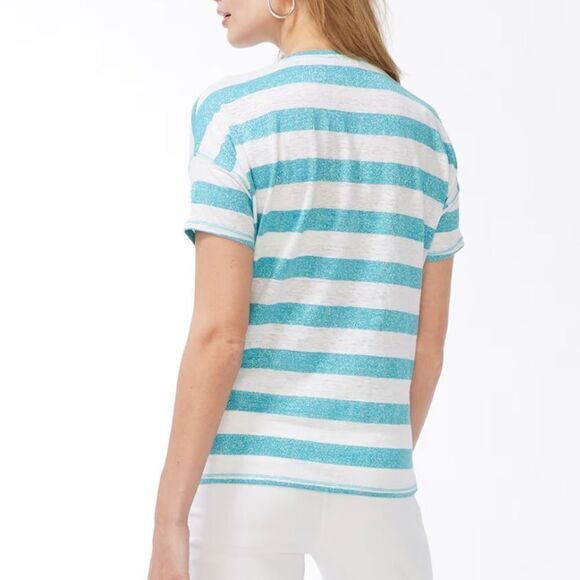 Chico’s Linen Blend Aqua Stripe V-neck Tee Size XL - Picture 4 of 9